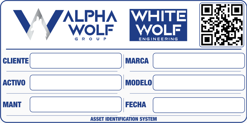 Etiqueta de identificación de activos de White Wolf Engineering con logos, código QR y campos en blanco