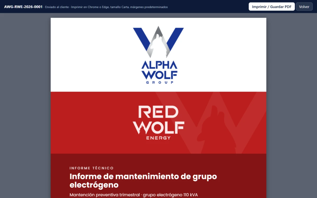 Captura de la plataforma: Informe técnico