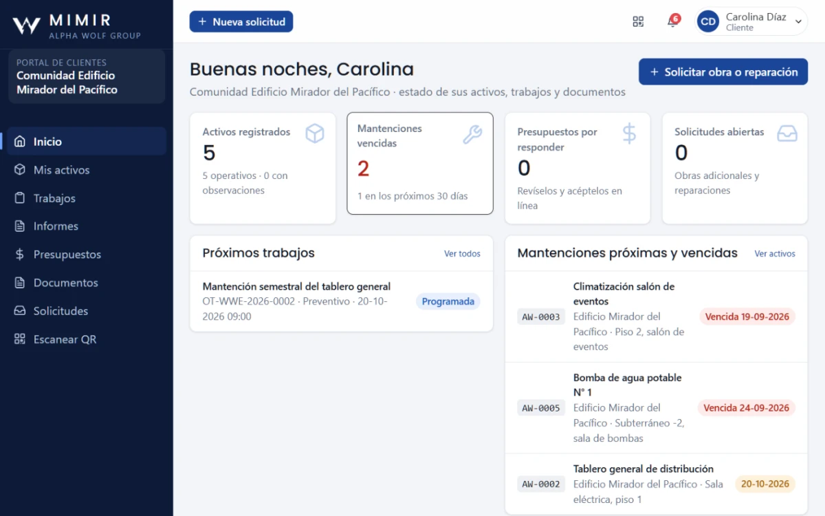 Captura de la plataforma: Portal de clientes